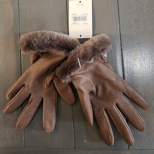 UGG Brown Leather Gloves with Fur Trim